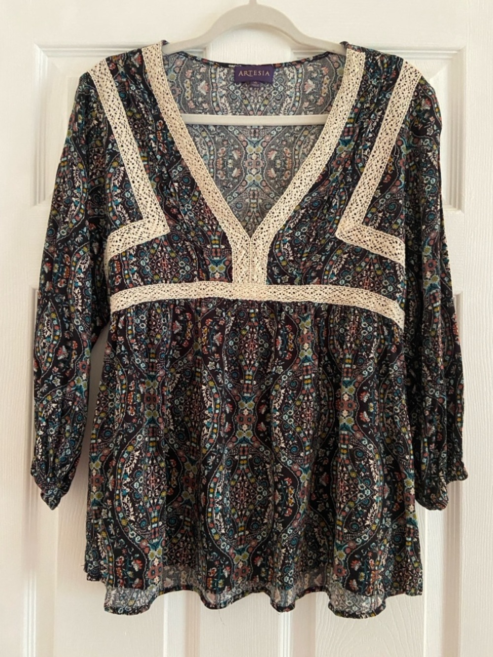 Black Paisley V-Neck Peasant Blouse with Cream Crochet Trim